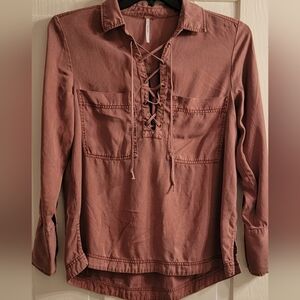 Free People Brown Lace-Up Long Sleeve Shirt SIZE S